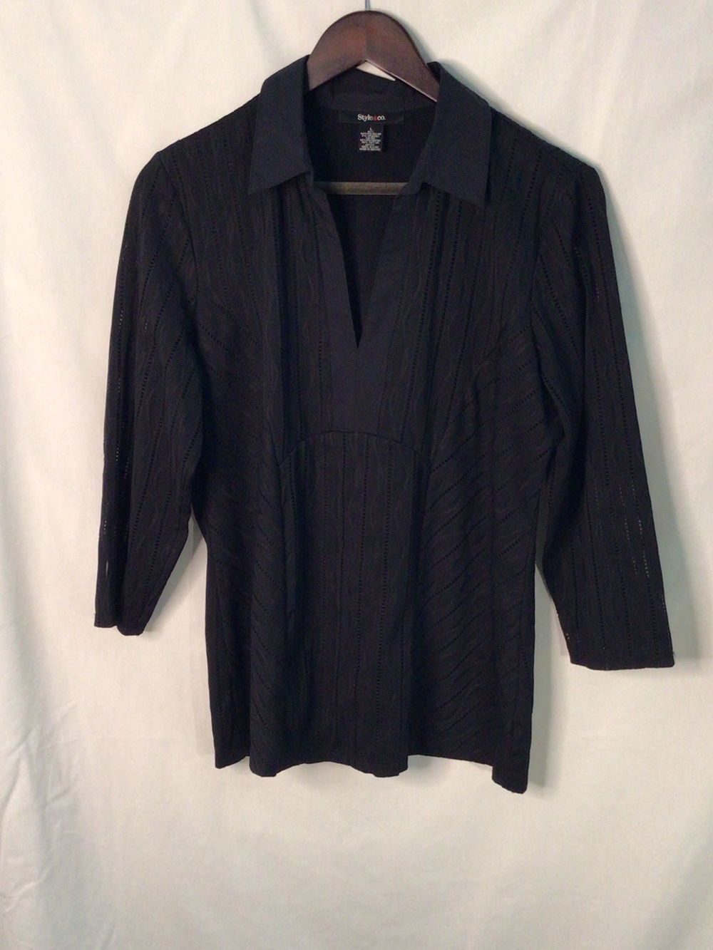 Style & Co. Black Open V-Neck Collared Knit Top